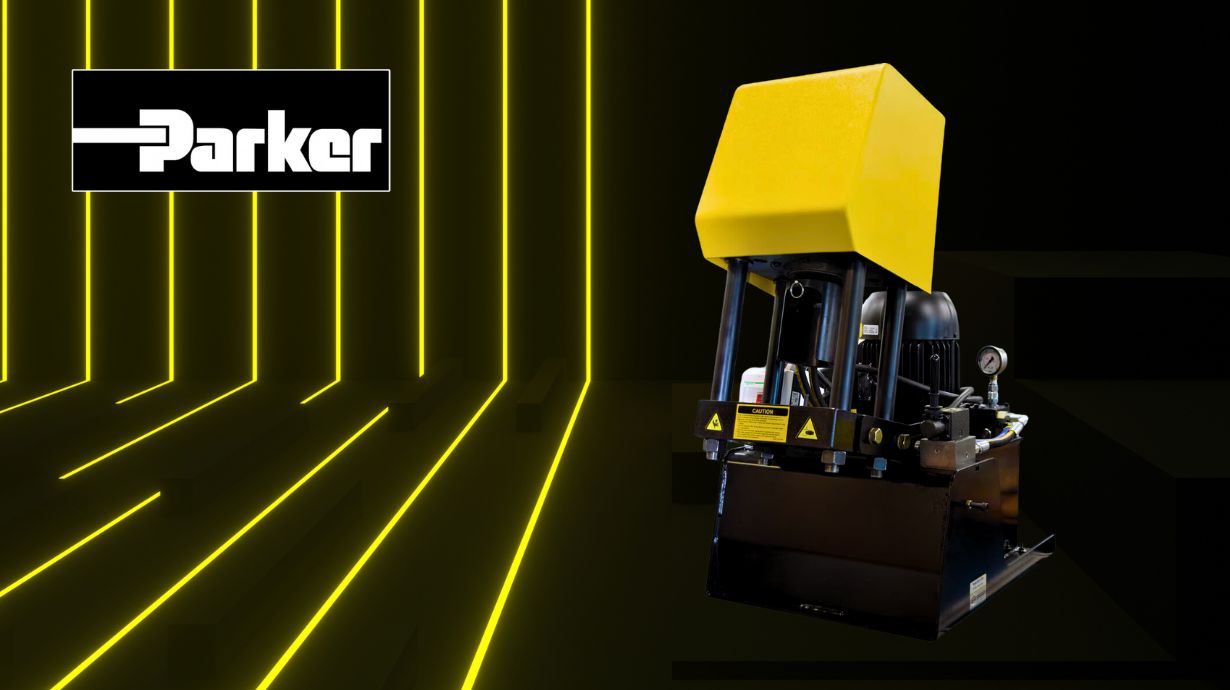 Parker Crimp Maching on a black and yellow background