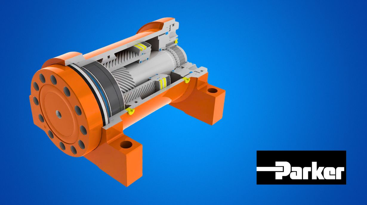 Parker Helac Rotary Actuator cross-section on a blue background