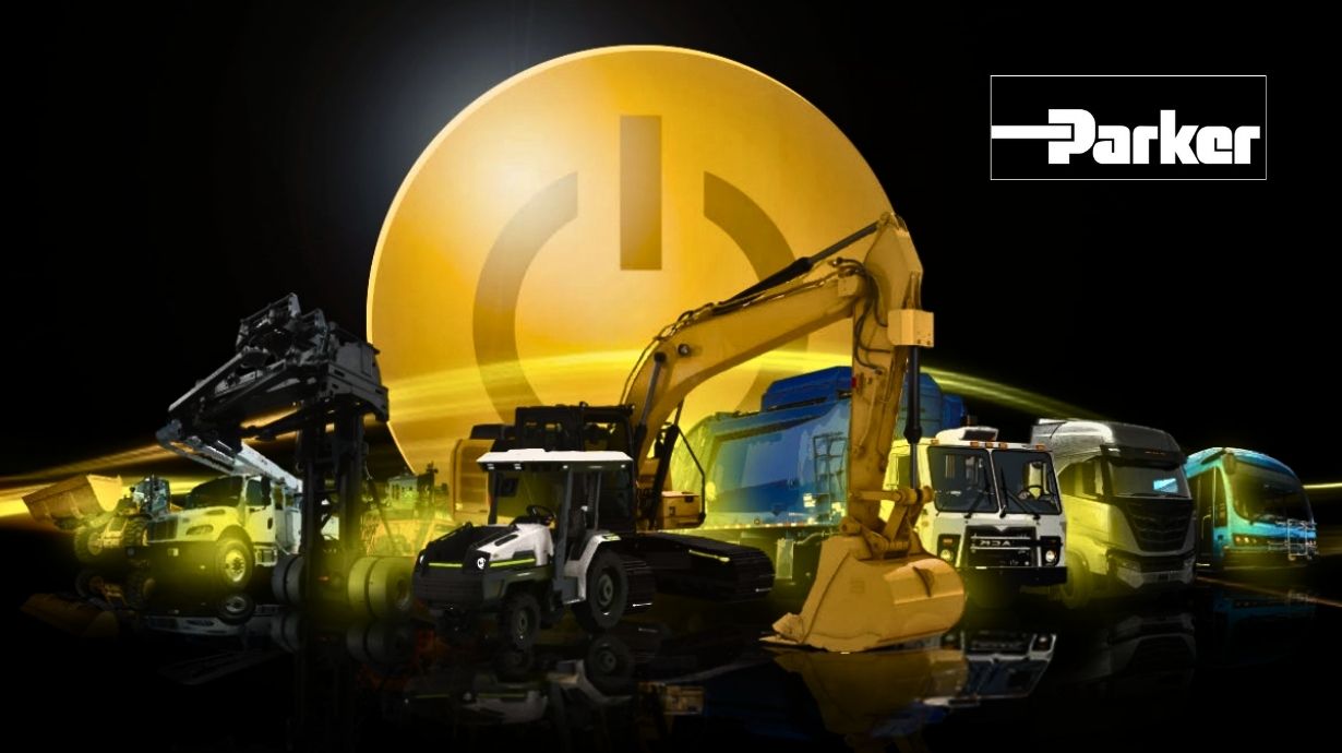 Electric Heavy Machinery in front of a Yellow Power Button