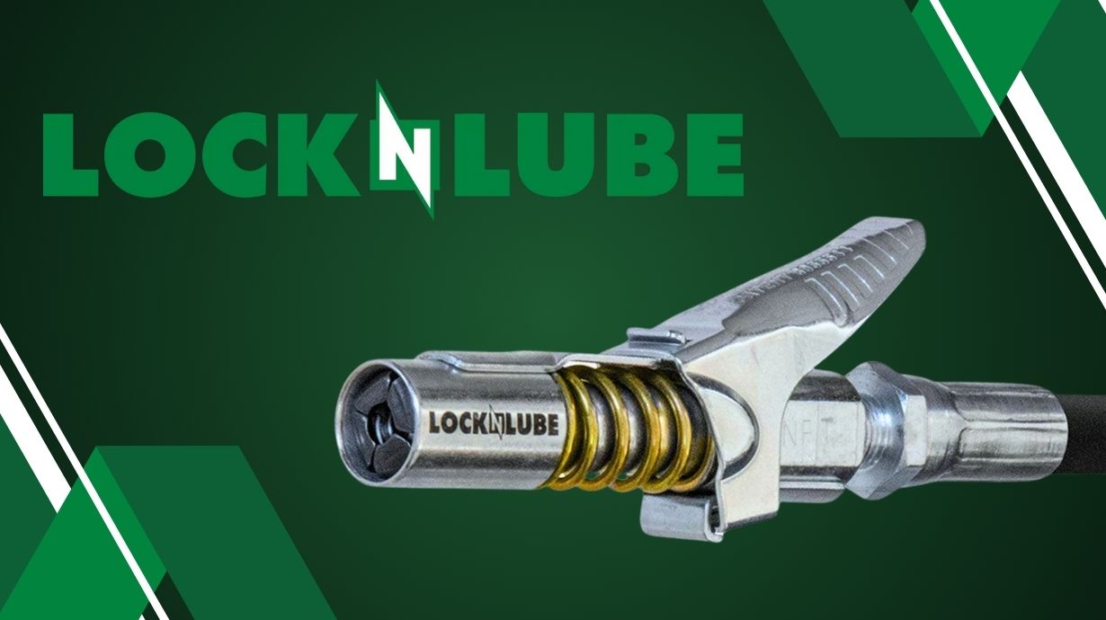 Lubrication fitting on green background with LockNLube logo