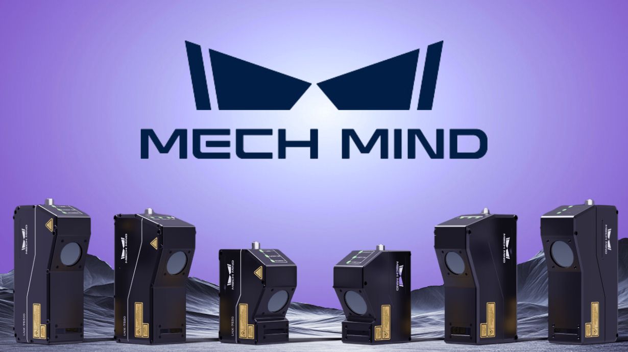 Mech-Eye cameras on a purple background with Mech-Mind logo