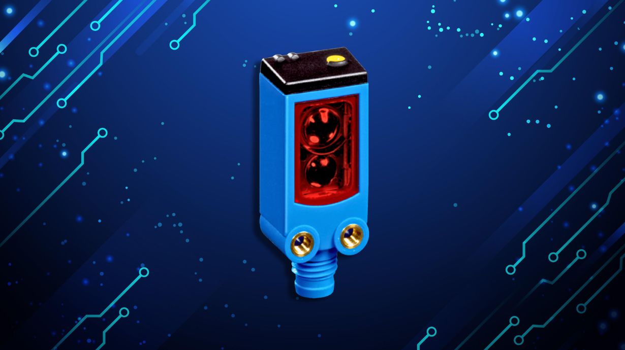 SICK W4 Push/Pull Sensor on blue background with digital design