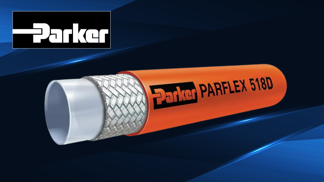 Parker 518D hydraulic hose cutaway showing thermoplastic core and fiber reinforcement.
