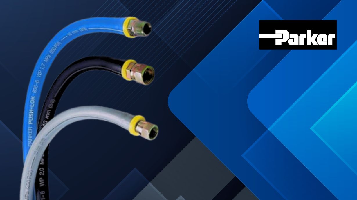 Three Push-Lok hoses on a blue background with Parker Hannifin logo