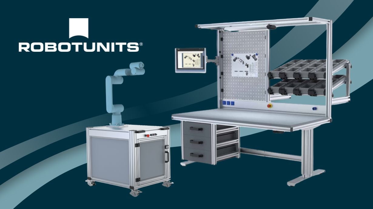 Robotunits workstation and cobot stand on blue background